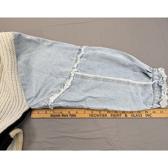 Bibi Retro Knit Sweater Colorblock Y2K Denim Patchwork Leopard Print Size LG - Picture 4 of 6